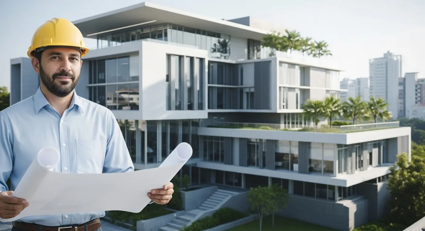 Hombre con casco sosteniendo un plano, representando a arquitectos en El Salvador.