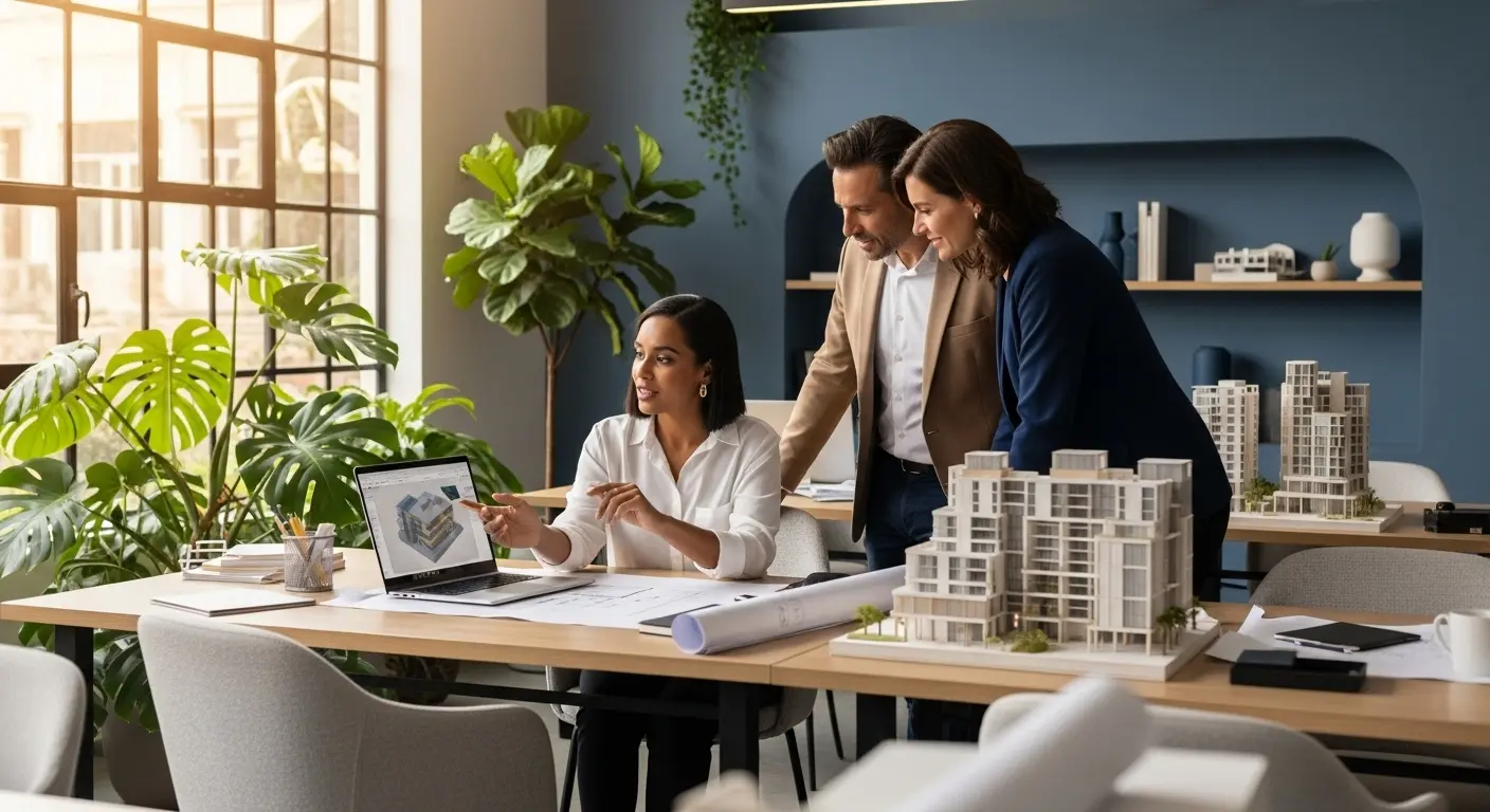 Arquitectos en El Salvador explicando cuánto cuesta un proyecto arquitectónico en una oficina moderna.
