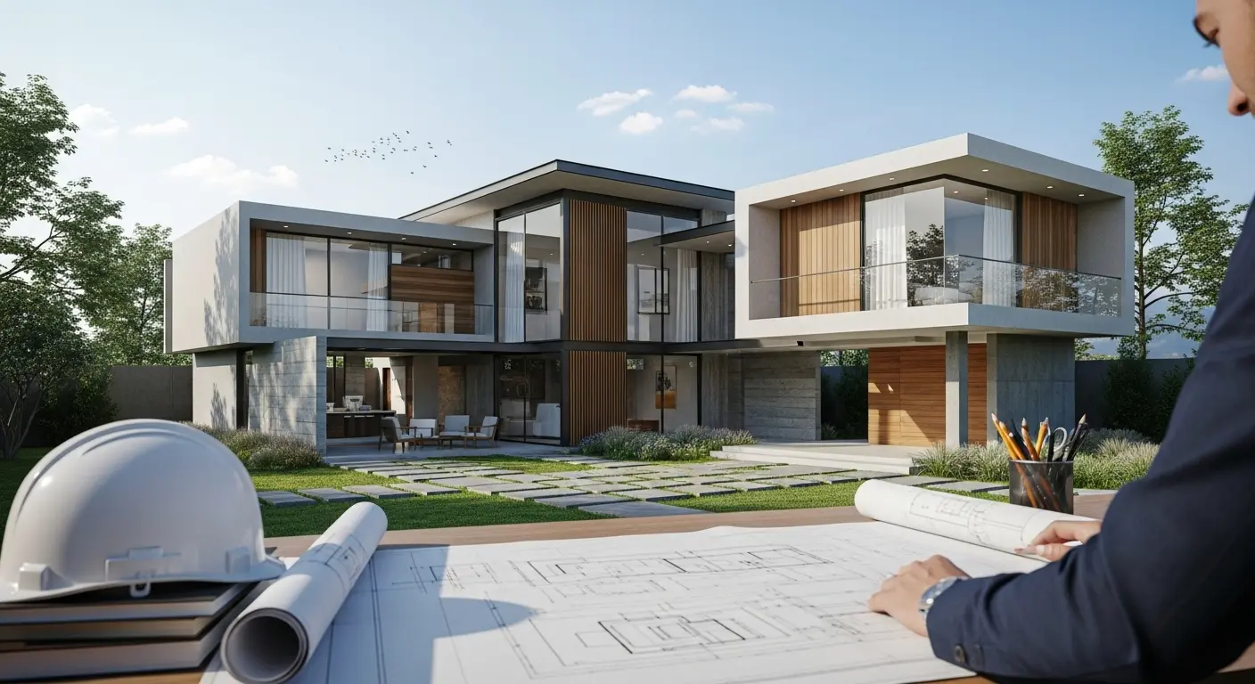 Arquitectos en El Salvador revisando el proyecto de una casa moderna, mostrando costos según el tipo de proyecto residencial.