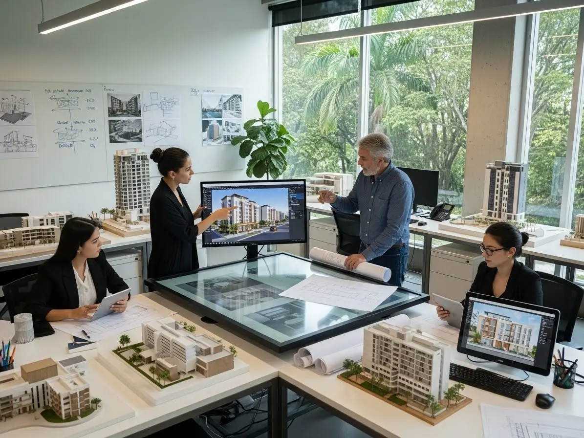 Arquitectos en El Salvador revisando planos y modelos 3D en una oficina moderna, mostrando servicios de diseño y gestión integral.