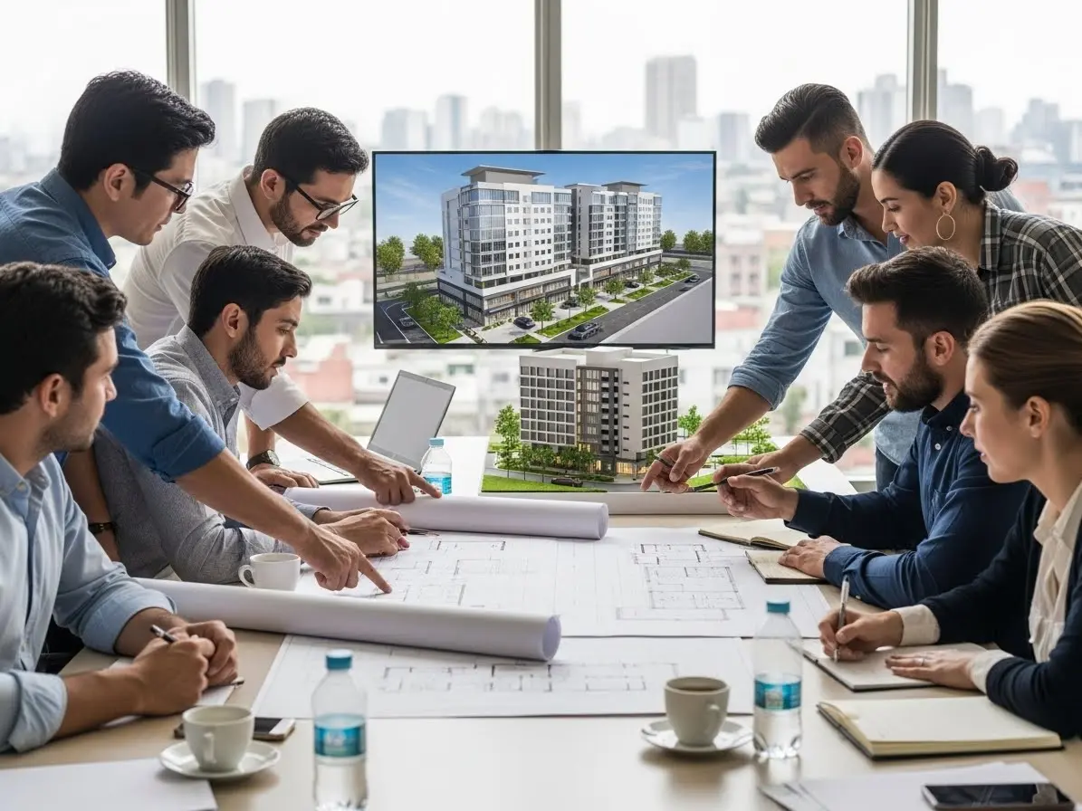 Arquitectos en El Salvador diseñando un proyecto comercial con planos y modelos 3D, destacando servicios esenciales y planificación profesional.