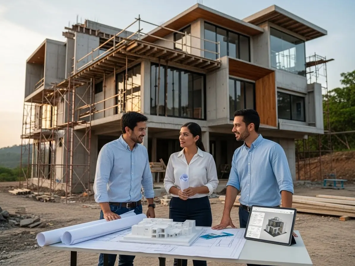 Arquitectos en El Salvador trabajando en la construcción de una casa, asegurando seguridad, cumplimiento normativo y control de costos.