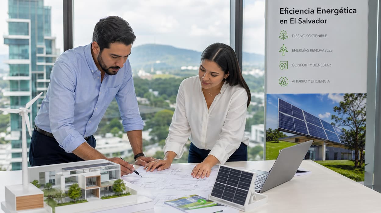 Dos arquitectos en El Salvador observan un panel solar y un laptop, discutiendo sobre energía sostenible.