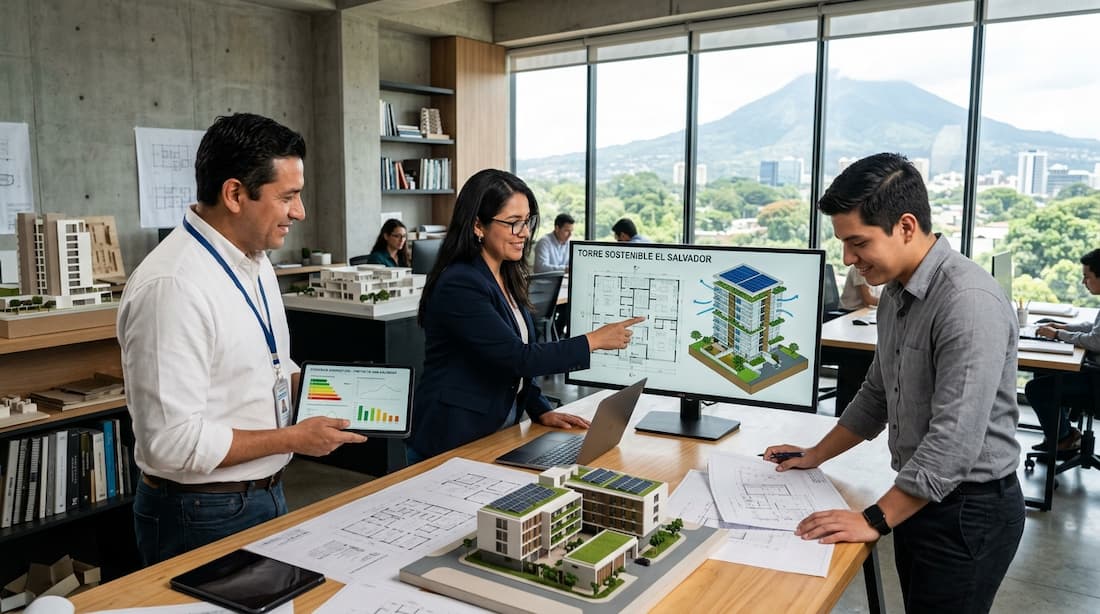 Arquitectos en El Salvador trabajando en un modelo de edificio, colaborando en el diseño y planificación del proyecto.